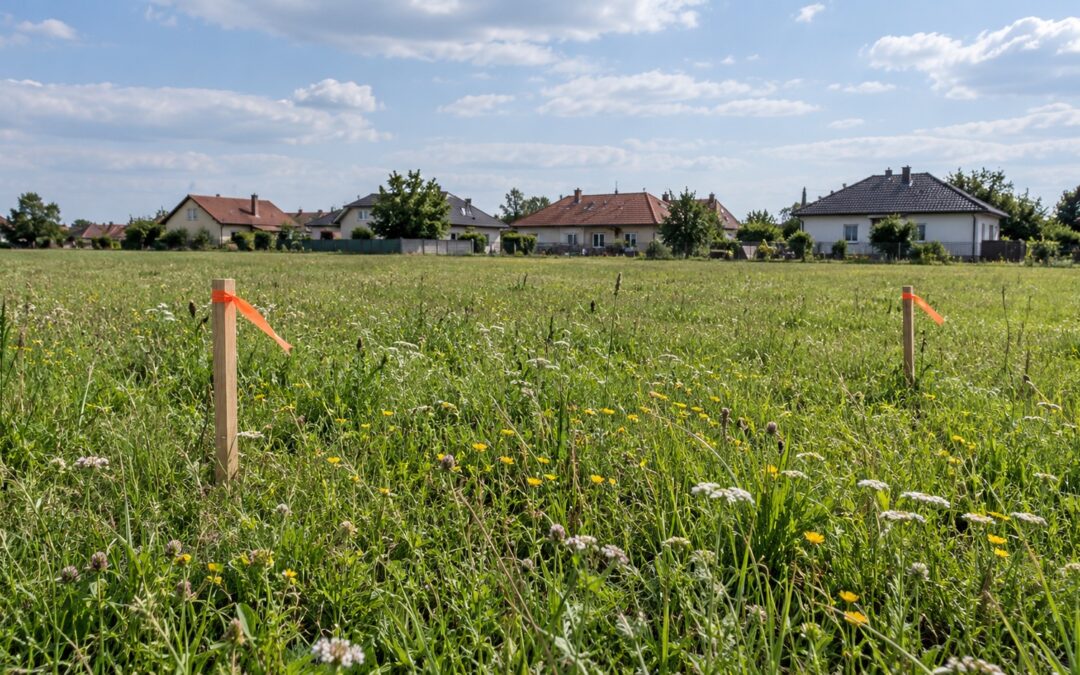 Rozľahlá nepokosená lúka s trávami, ďatelinou a žltými a bielymi kvetmi na okraji obce, v pozadí rad rodinných domov. Na lúke stoja dva drevené kolíky s oranžovou páskou, ktoré naznačujú budúcu stavebnú parcelu.