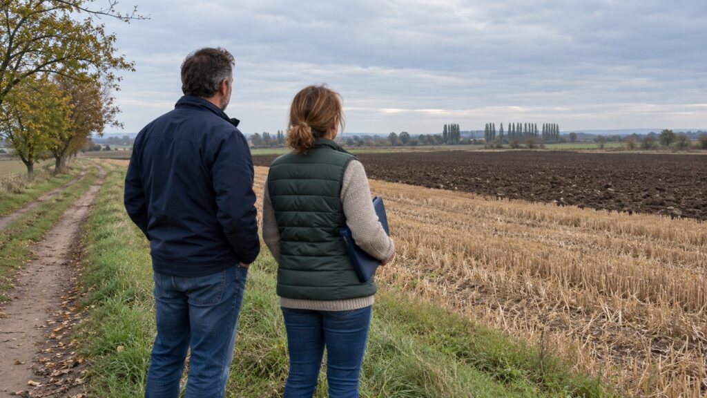 Muž a žena stoja otočení chrbtom na okraji poľa a pozerajú sa na strnisko a čerstvo zoranú pôdu. Žena drží pod pazuchou tmavomodré dosky na dokumenty, popri poli vedie poľná cesta lemovaná stromami.