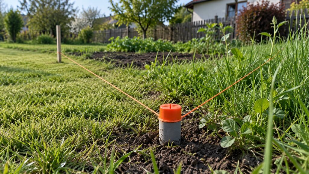 Hraničný znak s oranžovou hlavou zapustený do zeme v tráve na pozemku pri záhrade, od ktorého vedú dve napnuté oranžové šnúry pod uhlom, každá iným smerom. Hranica pozemku tu mení smer, pri jednej šnúre stojí drevený kolík a v pozadí je plot a rodinný dom.